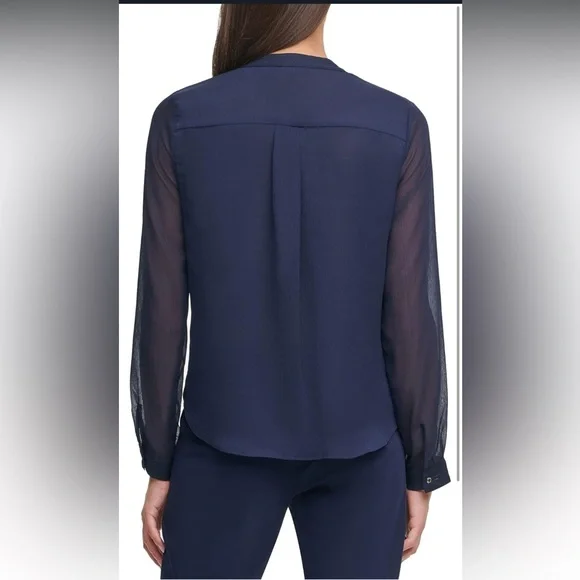 TOMMY HILFIGER Women's Classic Long Sleeve Ruffle Front Blouse Blouse - Midnight - Picture 7 of 11